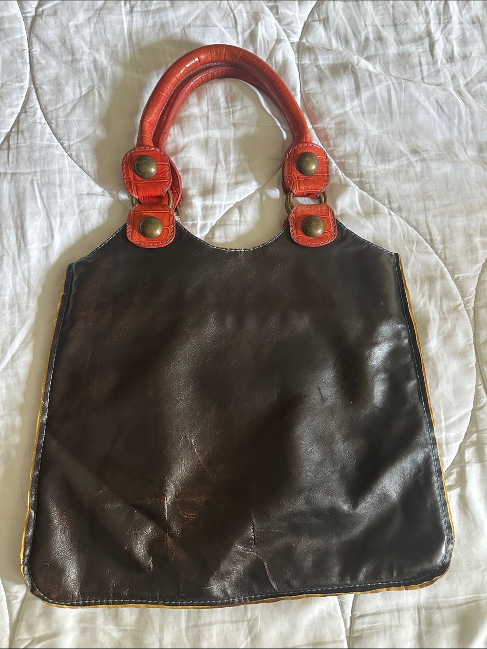 Women’s Brown Leather Tote with Orange Accent Handles - Picture 6 of 7